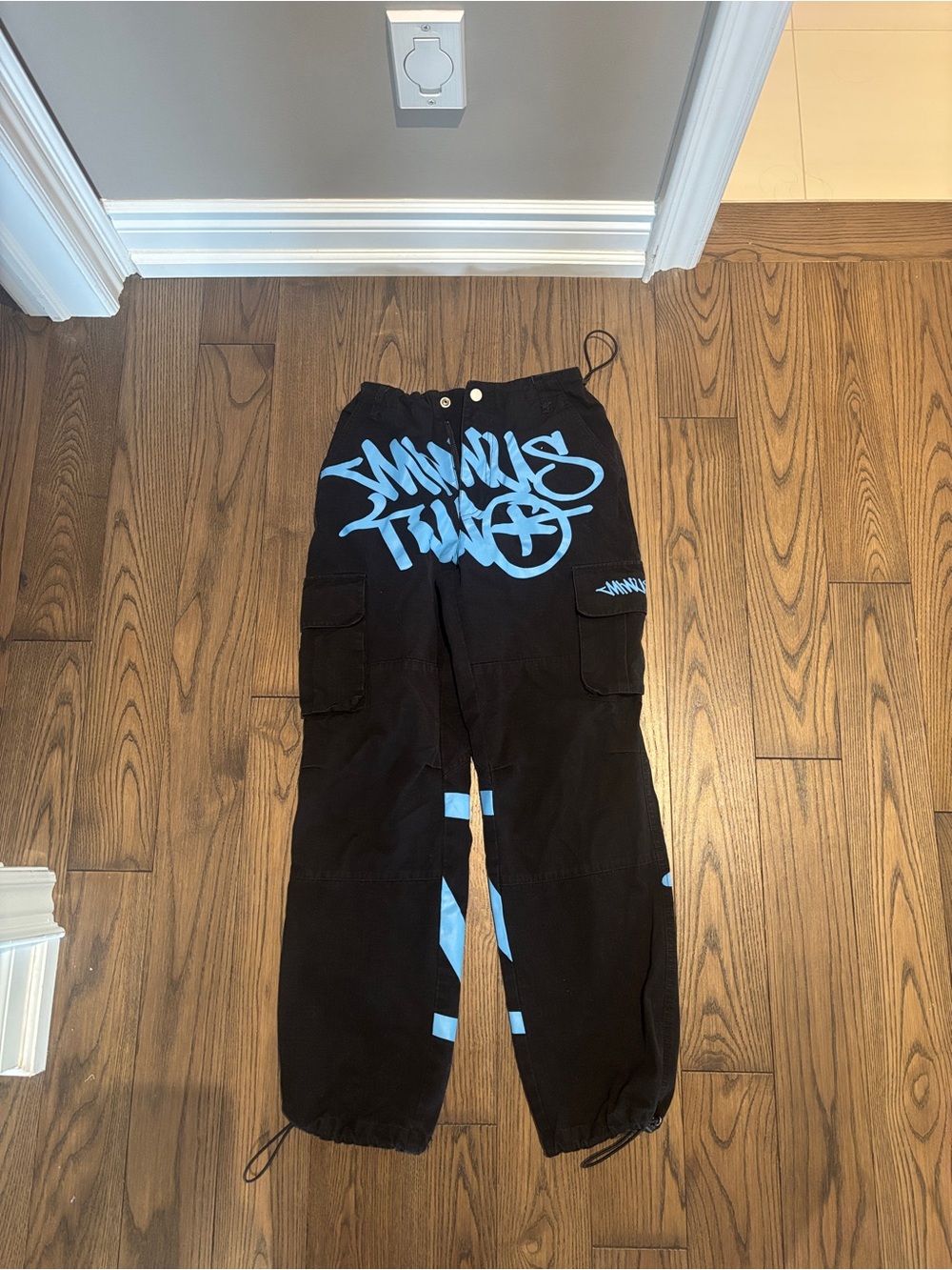 Minus Two Black Cargo Joggers with Blue Graffiti Print